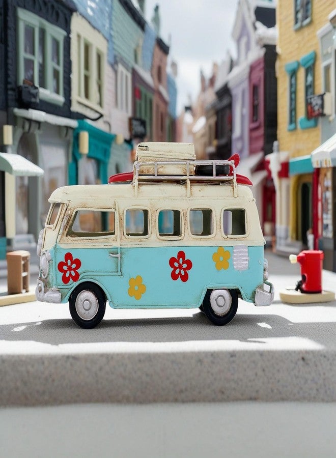 NAUTIMALL Vintage-Style Miniature Hippie Camper Van Model Tropical Theme Flower Decals 6.5inches Beach Bus Home Decor Gift for Boys Kids Hippie Van Ornament (Light Blue) - Image 4