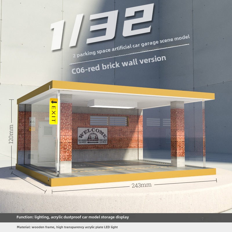 إسكدنيا Wholesale Miniature Car Garage Model, Wooden Dustproof Cover with Light, 1:32 733206-two-car red brick wall version