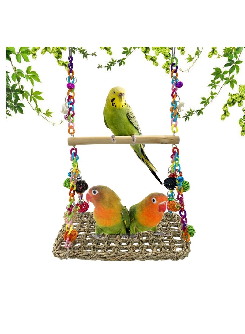 SOLARAE Bird Seagrass Swing Toys with Wood Perch Bird Parrot Trapeze Swing Seagrass Bird Climbing Hammock Bird Perch Stand Chewing Toy For Lovebird, Cockatiel, Budgie, Conure Parrotlet - Image 1