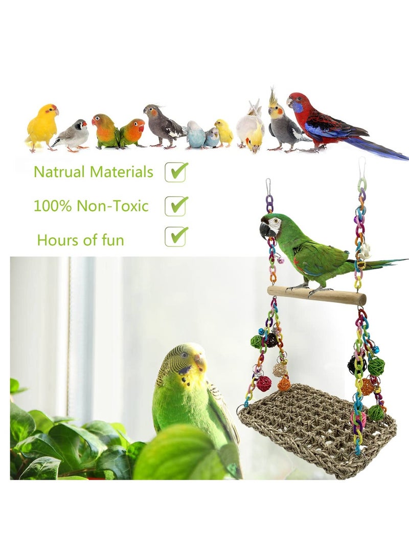 SOLARAE Bird Seagrass Swing Toys with Wood Perch Bird Parrot Trapeze Swing Seagrass Bird Climbing Hammock Bird Perch Stand Chewing Toy For Lovebird, Cockatiel, Budgie, Conure Parrotlet - Image 4