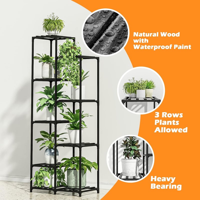 Bamworld حامل نباتات باموورلد أسود خارجي رف نباتات طويل داخلي رف زاوية حامل زهور لغرفة المعيشة والشرفة والحديقة (9 أواني مستطيلة) - Image 4