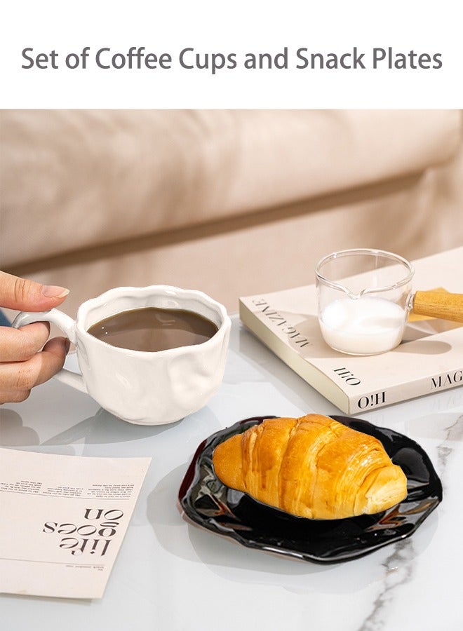 كوب قهوة سيراميك مع صينية شاي، شكل بتلات فريد للمنزل والمكتب، كوب أبيض على طبق أسود، 8 أونصة - Image 3