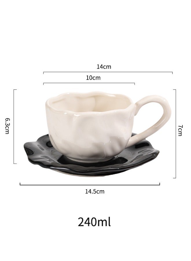 كوب قهوة سيراميك مع صينية شاي، شكل بتلات فريد للمنزل والمكتب، كوب أبيض على طبق أسود، 8 أونصة - Image 2