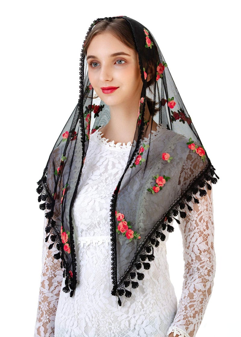 PAMOR Triangle Little Flower Chapel Veils Embroidered Scarf Shawl Latin Mass Head Covering Mantilla Veil for Church (Black Rose) - Image 1