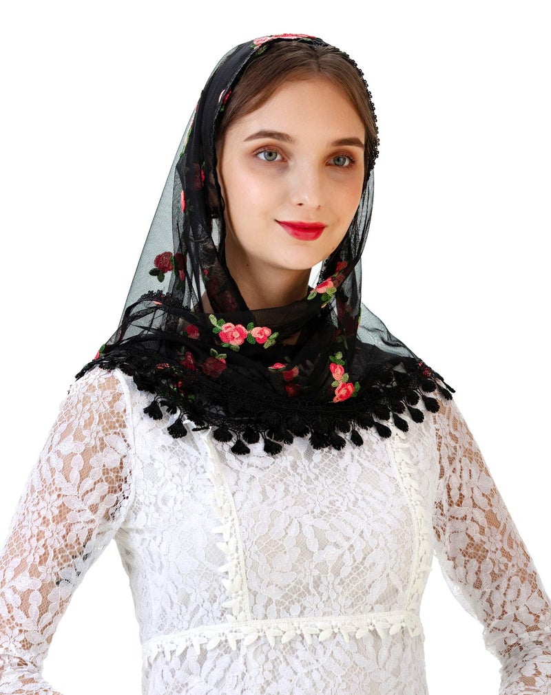 PAMOR Triangle Little Flower Chapel Veils Embroidered Scarf Shawl Latin Mass Head Covering Mantilla Veil for Church (Black Rose) - Image 5