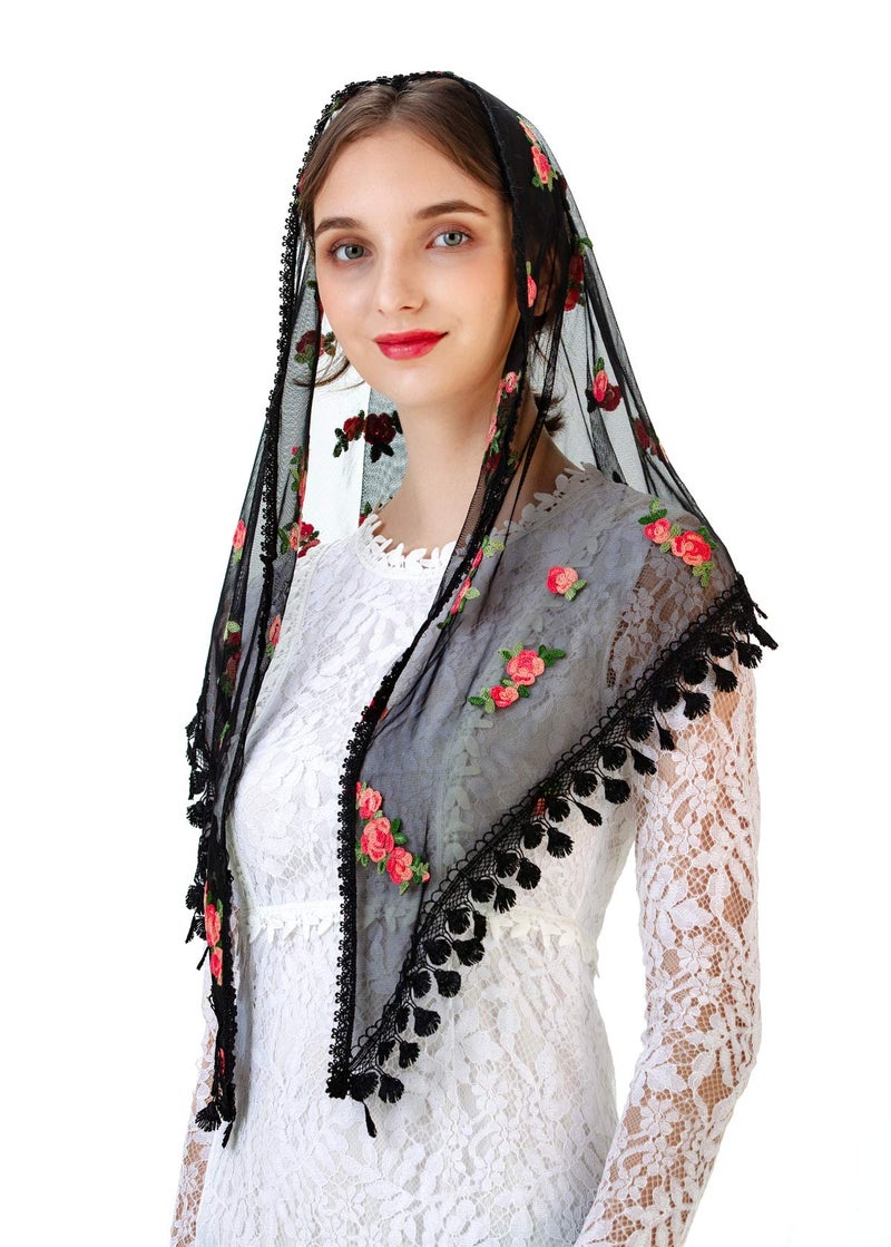 PAMOR Triangle Little Flower Chapel Veils Embroidered Scarf Shawl Latin Mass Head Covering Mantilla Veil for Church (Black Rose) - Image 4