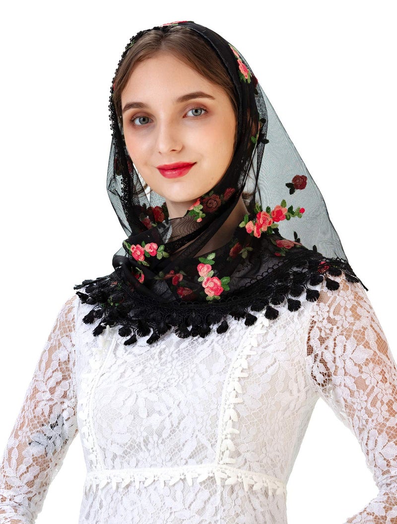 PAMOR Triangle Little Flower Chapel Veils Embroidered Scarf Shawl Latin Mass Head Covering Mantilla Veil for Church (Black Rose) - Image 2