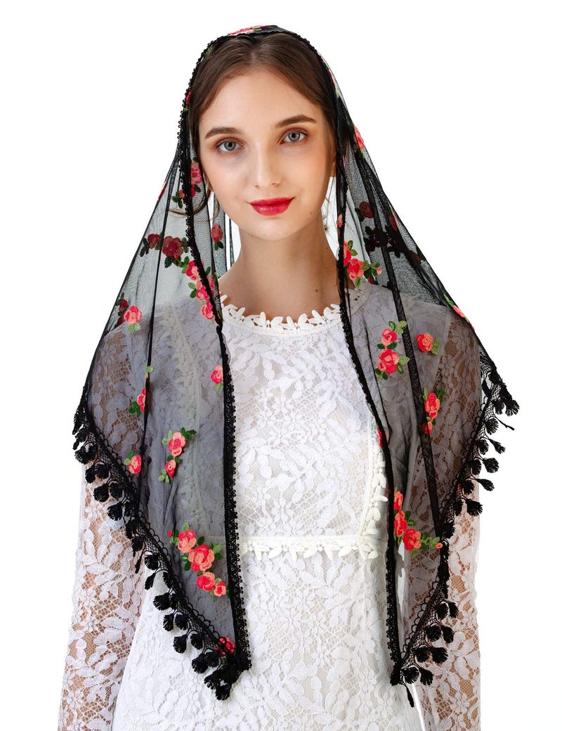 PAMOR Triangle Little Flower Chapel Veils Embroidered Scarf Shawl Latin Mass Head Covering Mantilla Veil for Church (Black Rose) - Image 3
