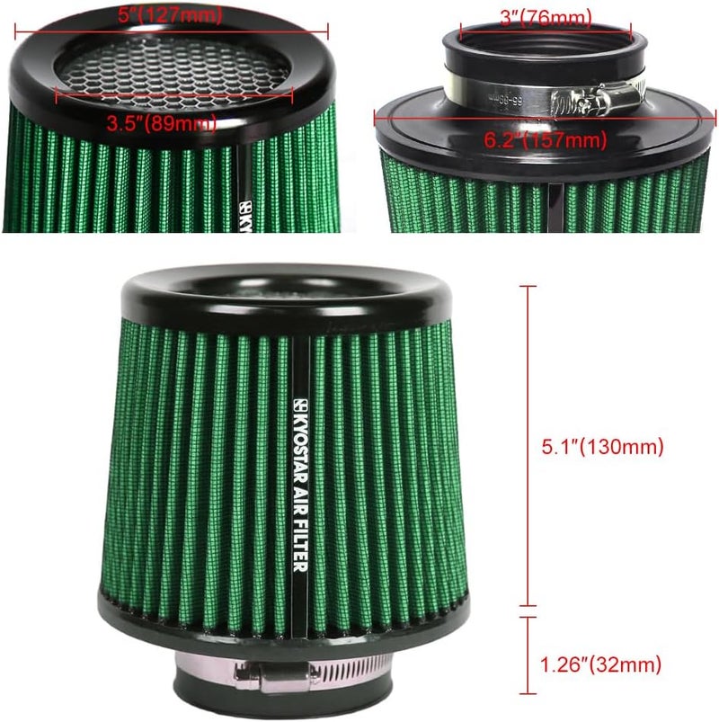Kyostar Universal Green 3 Inch 76mm Air Intake Cone Filter Replacement - Image 2