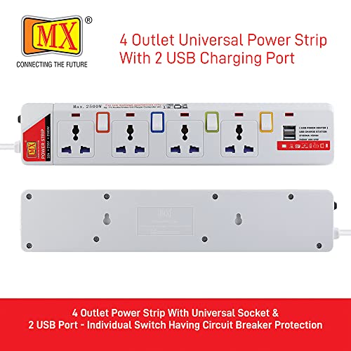 MX 4-Way Power Strip with Individual Switches & LED Indicator | Spike Guard with Circuit Breaker | 2 USB Ports 5V 2.1A | Child Safety Shutter, 3M Cord - Image 2