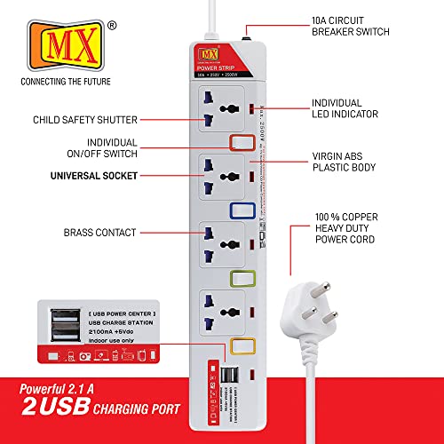 MX 4-Way Power Strip with Individual Switches & LED Indicator | Spike Guard with Circuit Breaker | 2 USB Ports 5V 2.1A | Child Safety Shutter, 3M Cord - Image 3