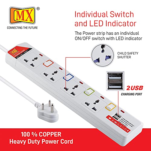 MX 4-Way Power Strip with Individual Switches & LED Indicator | Spike Guard with Circuit Breaker | 2 USB Ports 5V 2.1A | Child Safety Shutter, 3M Cord - Image 5