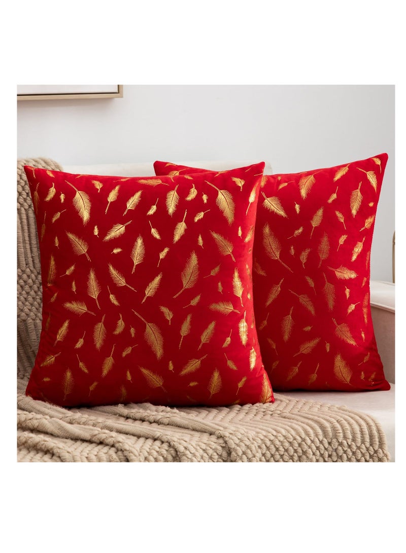 KASTWAVE 2 Pack Cushion Covers 45 x 45 Red Velvet Pillowcases with Gold Feather Bronzing Printed Modern Boho Square Throw Pillow Covers for Sofa Couch Car Bedroom Living Room Garden Home Decor(Red) - Image 1