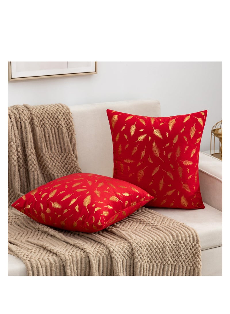 KASTWAVE 2 Pack Cushion Covers 45 x 45 Red Velvet Pillowcases with Gold Feather Bronzing Printed Modern Boho Square Throw Pillow Covers for Sofa Couch Car Bedroom Living Room Garden Home Decor(Red) - Image 2