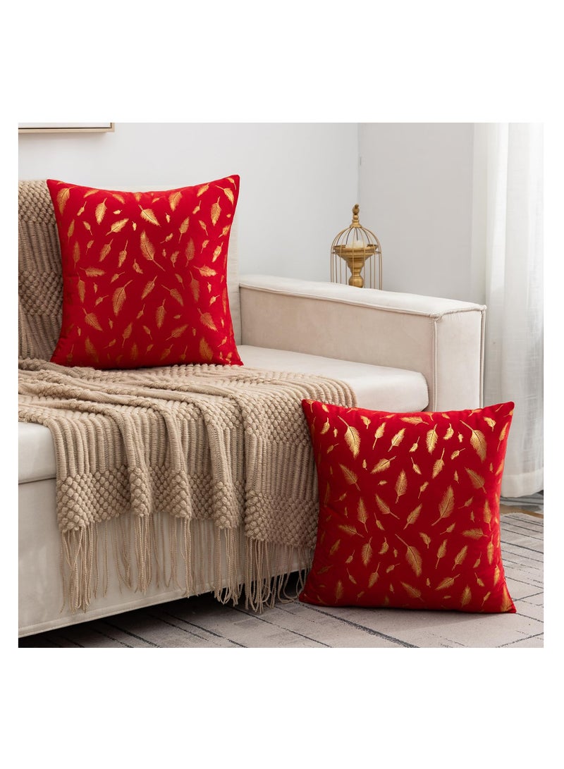 KASTWAVE 2 Pack Cushion Covers 45 x 45 Red Velvet Pillowcases with Gold Feather Bronzing Printed Modern Boho Square Throw Pillow Covers for Sofa Couch Car Bedroom Living Room Garden Home Decor(Red) - Image 3
