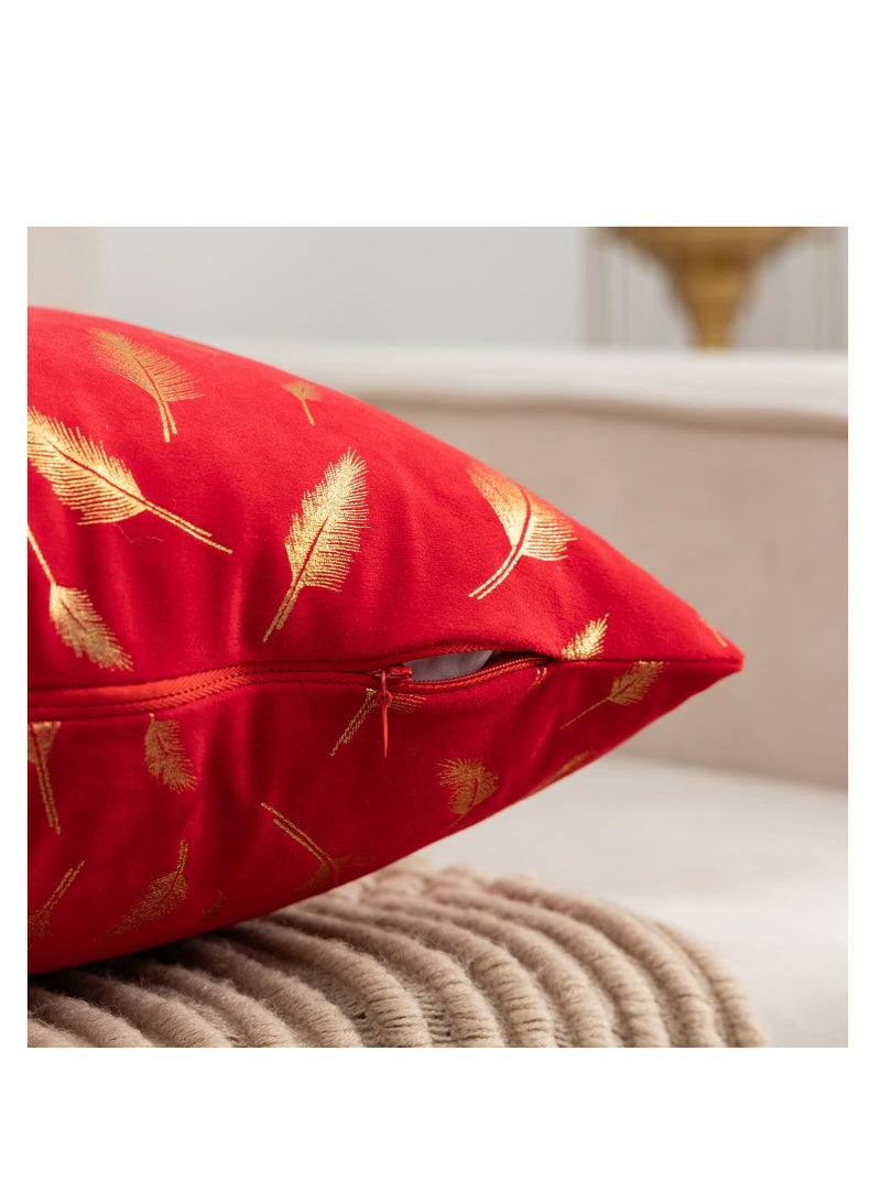 KASTWAVE 2 Pack Cushion Covers 45 x 45 Red Velvet Pillowcases with Gold Feather Bronzing Printed Modern Boho Square Throw Pillow Covers for Sofa Couch Car Bedroom Living Room Garden Home Decor(Red) - Image 4