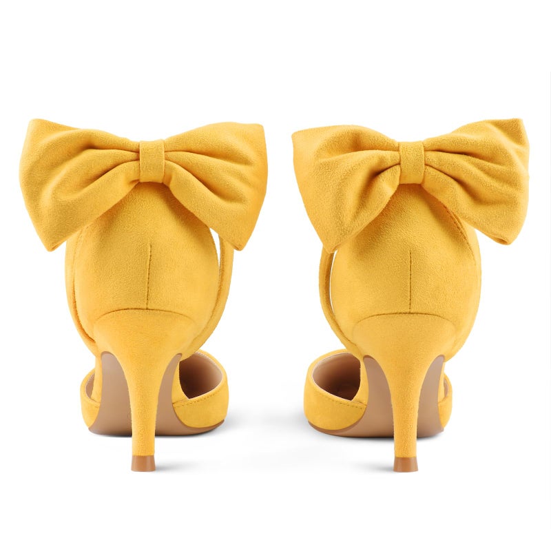 JOY IN LOVE Women's Pumps Kitten Bow Heels Closed Pointed Toe Sandals Ankle Strap Dress Shoes Yellow Suede US7 - Image 5
