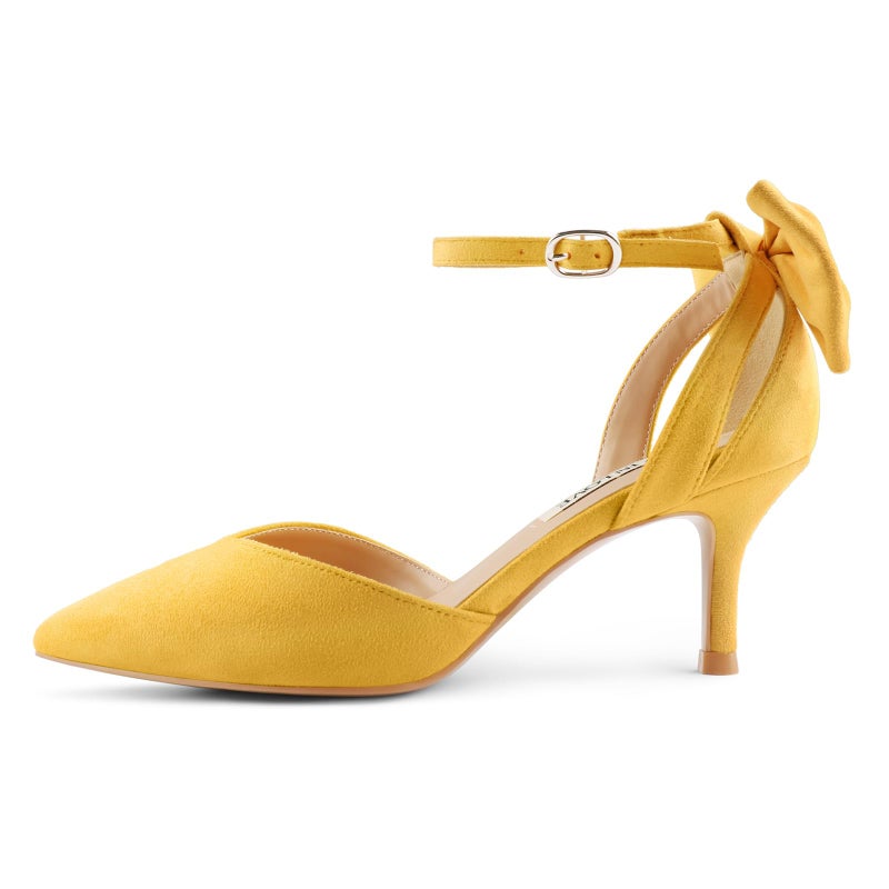 JOY IN LOVE Women's Pumps Kitten Bow Heels Closed Pointed Toe Sandals Ankle Strap Dress Shoes Yellow Suede US7 - Image 2