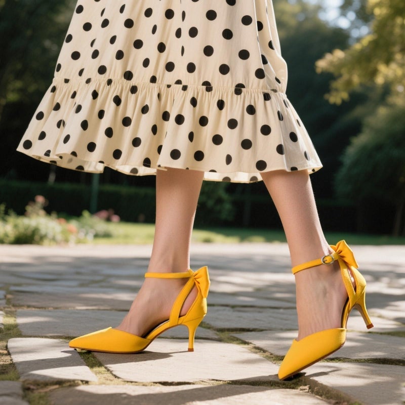 JOY IN LOVE Women's Pumps Kitten Bow Heels Closed Pointed Toe Sandals Ankle Strap Dress Shoes Yellow Suede US7 - Image 3