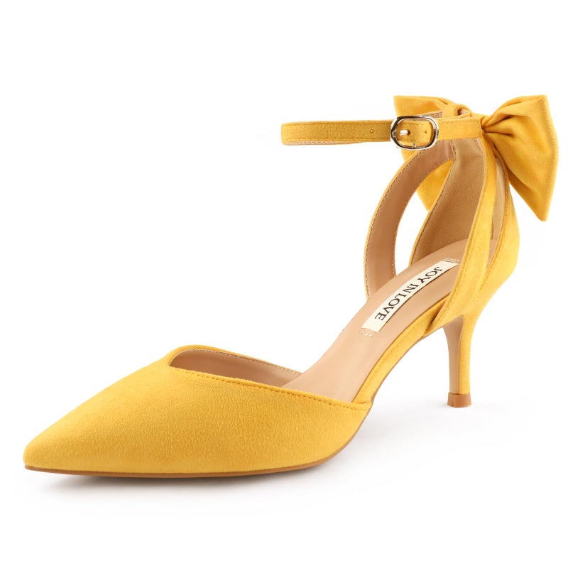 JOY IN LOVE Women's Pumps Kitten Bow Heels Closed Pointed Toe Sandals Ankle Strap Dress Shoes Yellow Suede US7 - Image 1