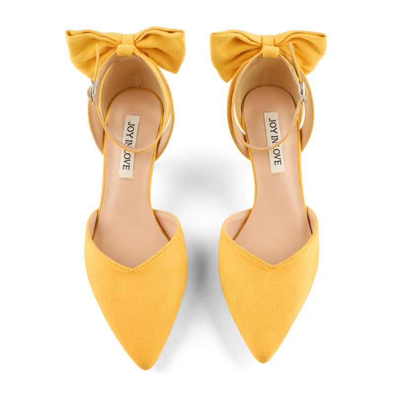 JOY IN LOVE Women's Pumps Kitten Bow Heels Closed Pointed Toe Sandals Ankle Strap Dress Shoes Yellow Suede US7 - Image 4