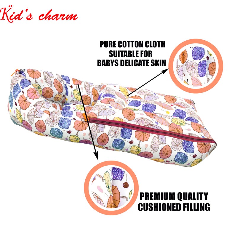 Kid's Charm مجموعة مظلة سحر الأطفال 3 قطع | سرير قطن للأطفال 3 في 1 | وسادة رضاعة قطن للأطفال 5 في 1 مع حزام أمان | قطن للأطفال 2 في 1 مع شبكة للبعوض للأعمار من 4-8 أشهر (برتقالي) - Image 3