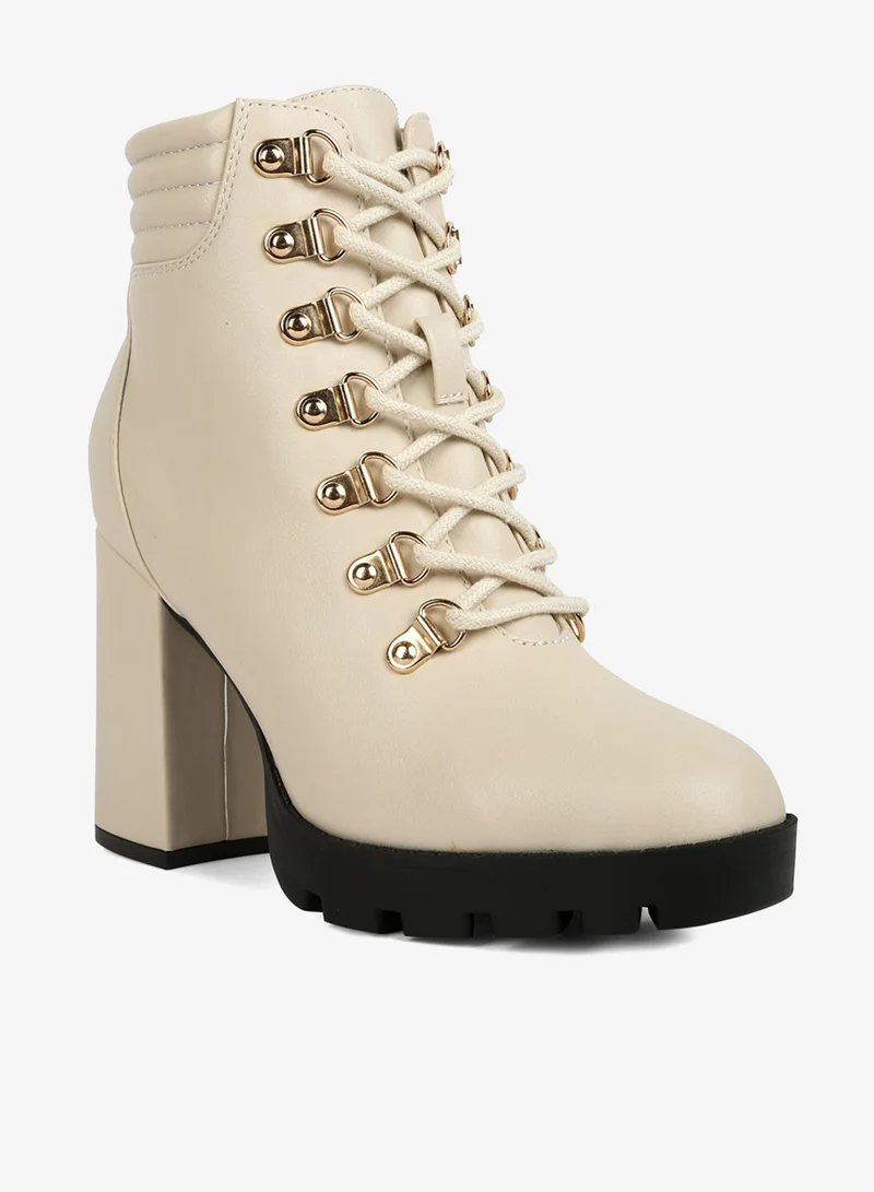 London Rag Beige Lace Up Block Heel Boots
