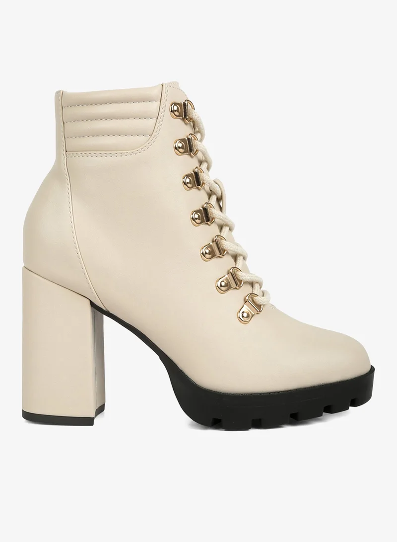 London Rag Beige Lace Up Block Heel Boots