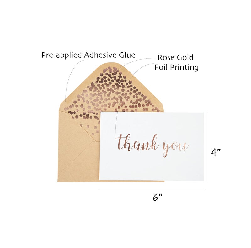CHRIZ.Z Thank You Cards - Blank 50 Pack White Cards with Rose Gold Foiled Thank You Printed with 52 Foil Embossed Kraft Envelopes 4" x 6" - for Wedding Bridal Shower Baby Shower Birthday Party - Image 2