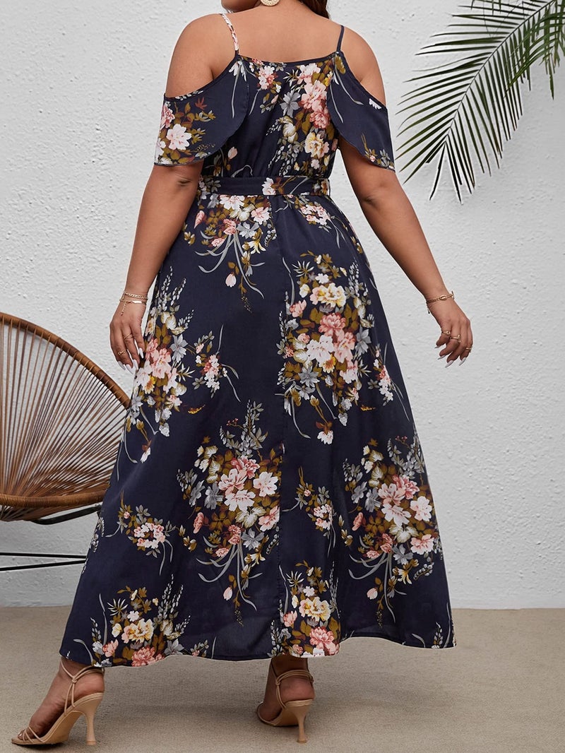 Floerns Women's Plus Size Cold Shoulder Short Sleeve Split Thigh Long Dress Black Floral - Image 2
