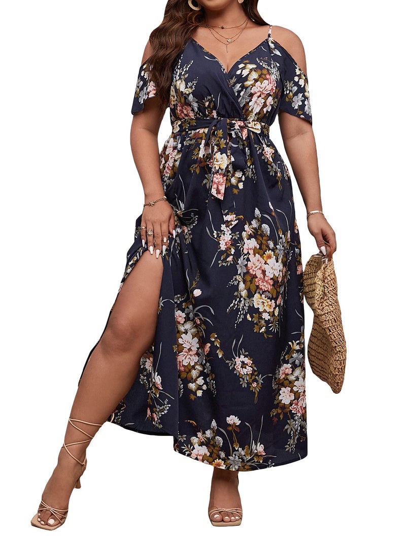 Floerns Women's Plus Size Cold Shoulder Short Sleeve Split Thigh Long Dress Black Floral - Image 1