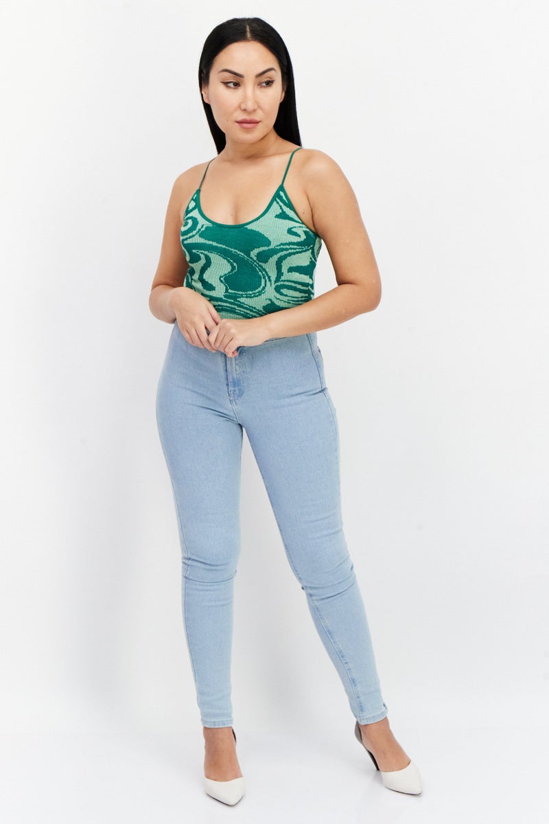 Pull & Bear Women Scoop Neck Sleeveless Knitted Tank Top, Green  - Image 3