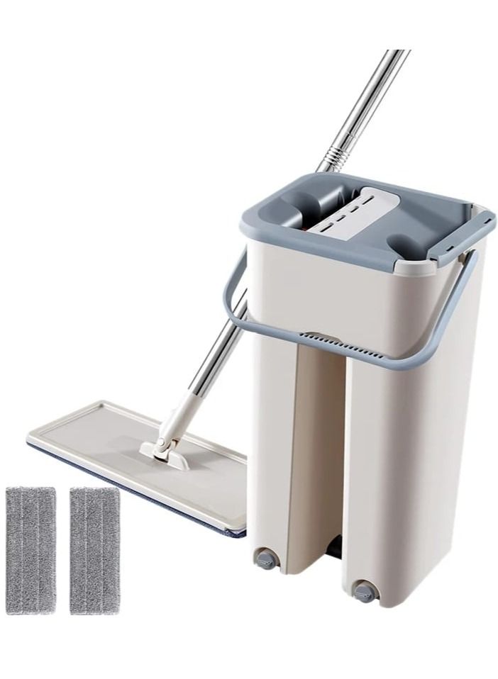 Microfiber Flat Mop with Bucket, Cleaning Squeeze Hand Free Floor Mop, 2 Reusable Mop Pads, Stainless Steel Handle,360° Rotating Head Squeeze 