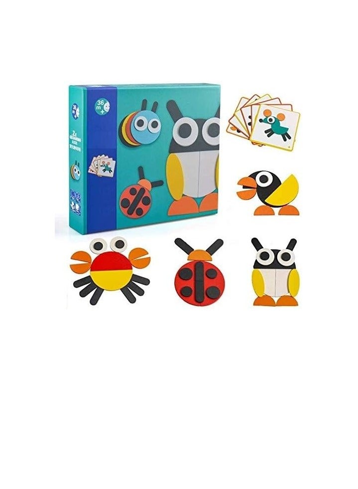 Animal Shapes Puzzle 29 Wooden Blocks Pieces 20 Design Cards Storage Bag Learning Educational Fun Entertainment Pattern Game for Kids  - Image 1