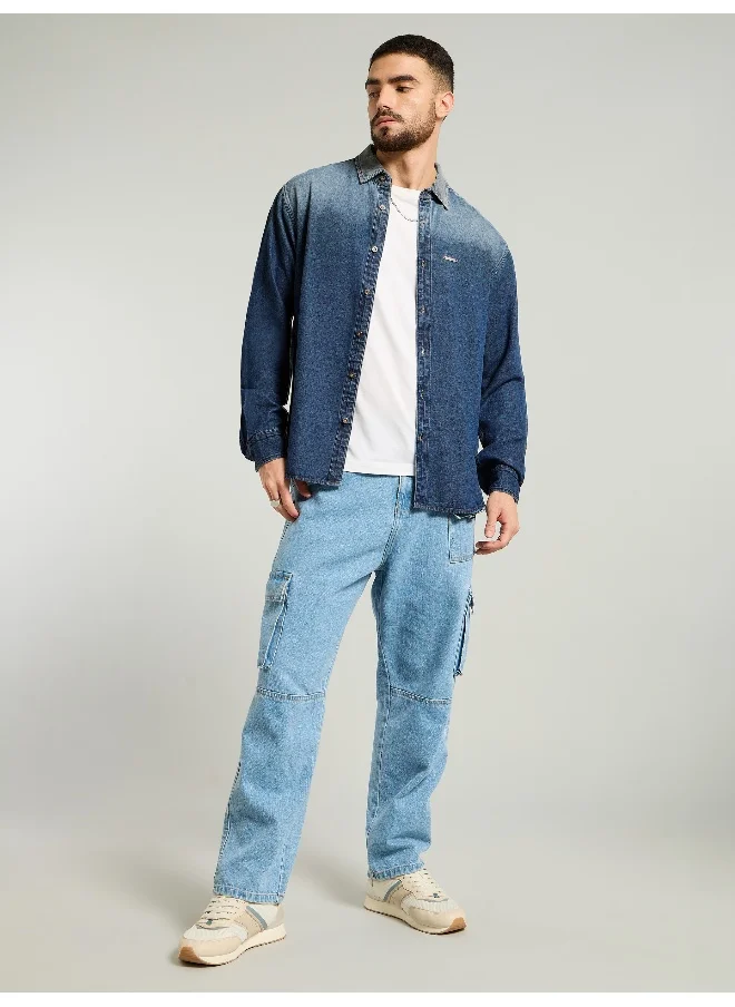 بيونغ Dark Blue Ombre Denim Shirt For Men