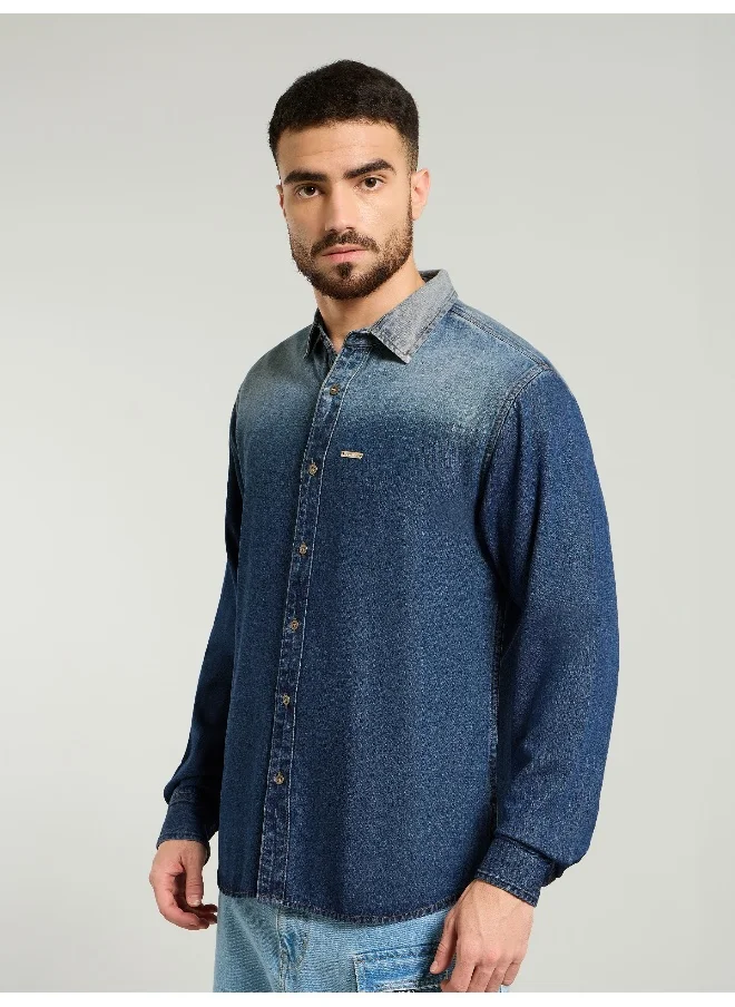 بيونغ Dark Blue Ombre Denim Shirt For Men
