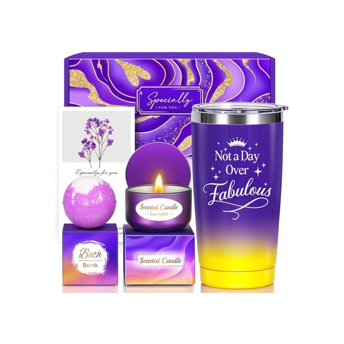 Birthday Gifts Set for Women Her Mom Wife Girlfriend Friend - Purple Self Care Spa Relaxation Gift Basket Set with Novelty Stainless Steel Coffee Tumbler, Lavender Candle, Bath Bomb