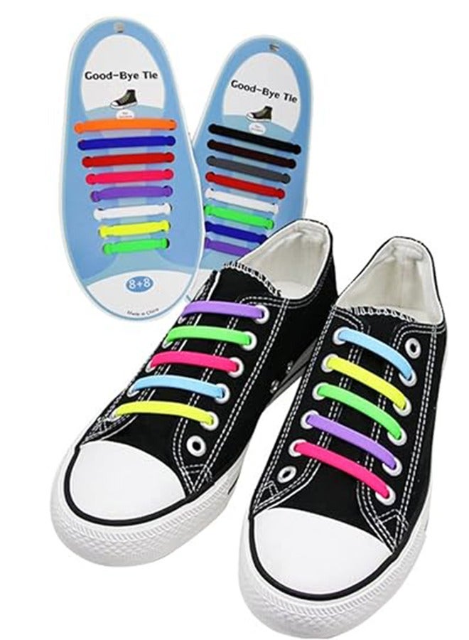 Silicone Lazy Shoe Laces, Hundreds of Elastic Shoe Laces, Stretchy Waterproof Sneakers No-Tie Shoe Laces, No-Tie Rubber Shoe Laces for Adults, 16 Pcs, Random Color