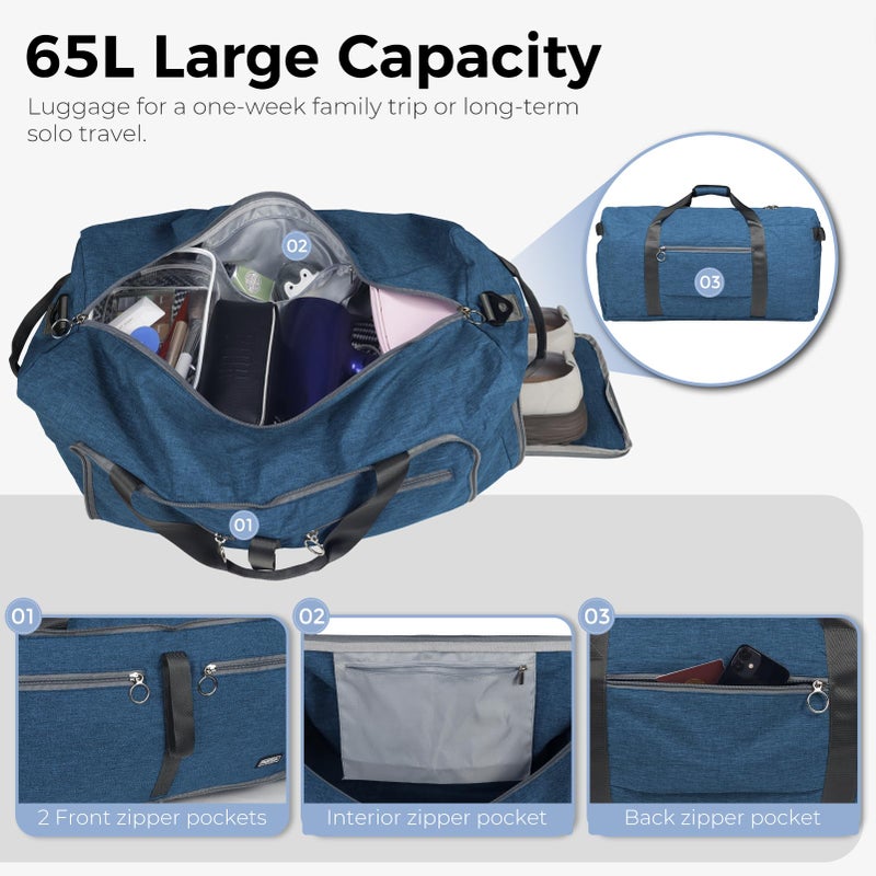 Fmeida 65L Duffle Bag with Shoes Compartment, Foldable Travel Duffel Bags for Men Women, Large Packable Travel Bag Water Repellent & Tear Resistant (Blue) - Image 4