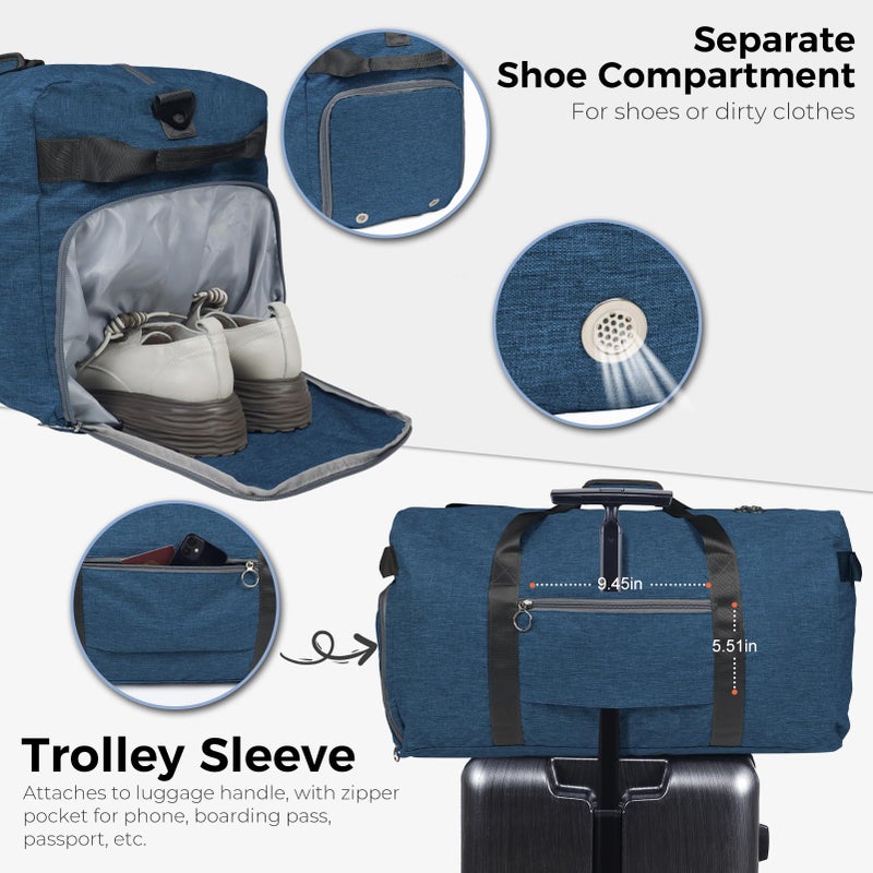 Fmeida 65L Duffle Bag with Shoes Compartment, Foldable Travel Duffel Bags for Men Women, Large Packable Travel Bag Water Repellent & Tear Resistant (Blue) - Image 5