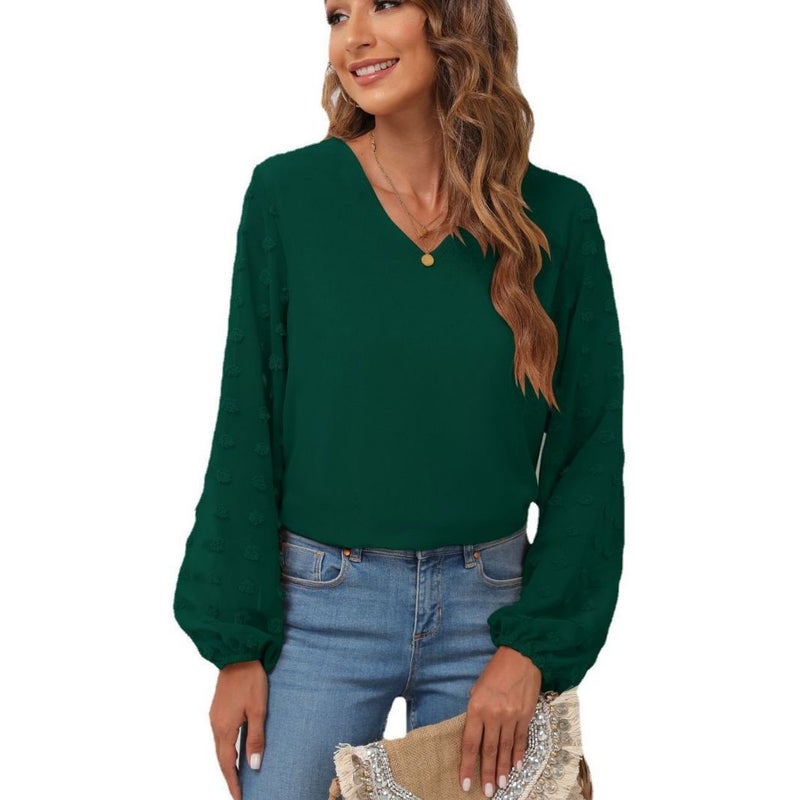 2025 Spring/Summer Women'S Clothing New V-Neck Chiffon Blouse With Patchwork Long Sleeves For Women With Lining - Image 4