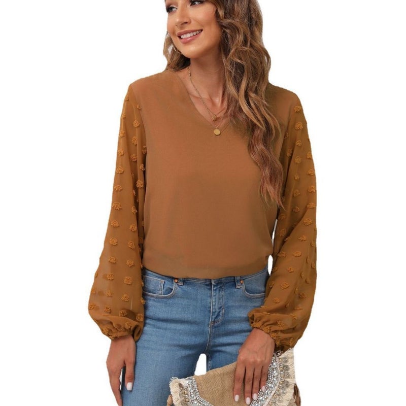 2025 Spring/Summer Women'S Clothing New V-Neck Chiffon Blouse With Patchwork Long Sleeves For Women With Lining - Image 3