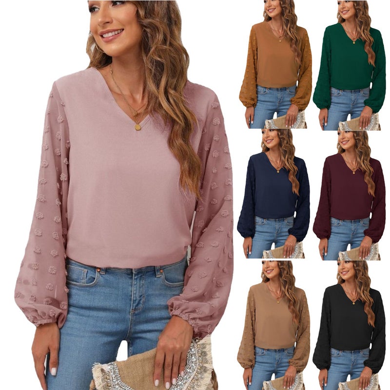2025 Spring/Summer Women'S Clothing New V-Neck Chiffon Blouse With Patchwork Long Sleeves For Women With Lining - Image 2