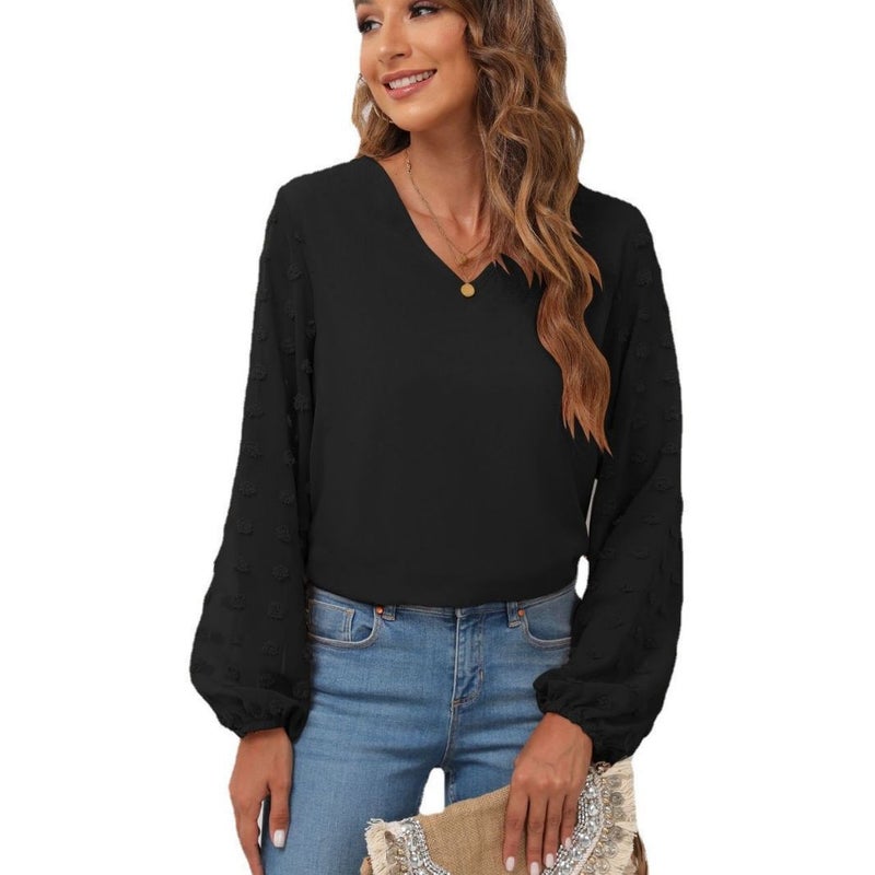 2025 Spring/Summer Women'S Clothing New V-Neck Chiffon Blouse With Patchwork Long Sleeves For Women With Lining - Image 5