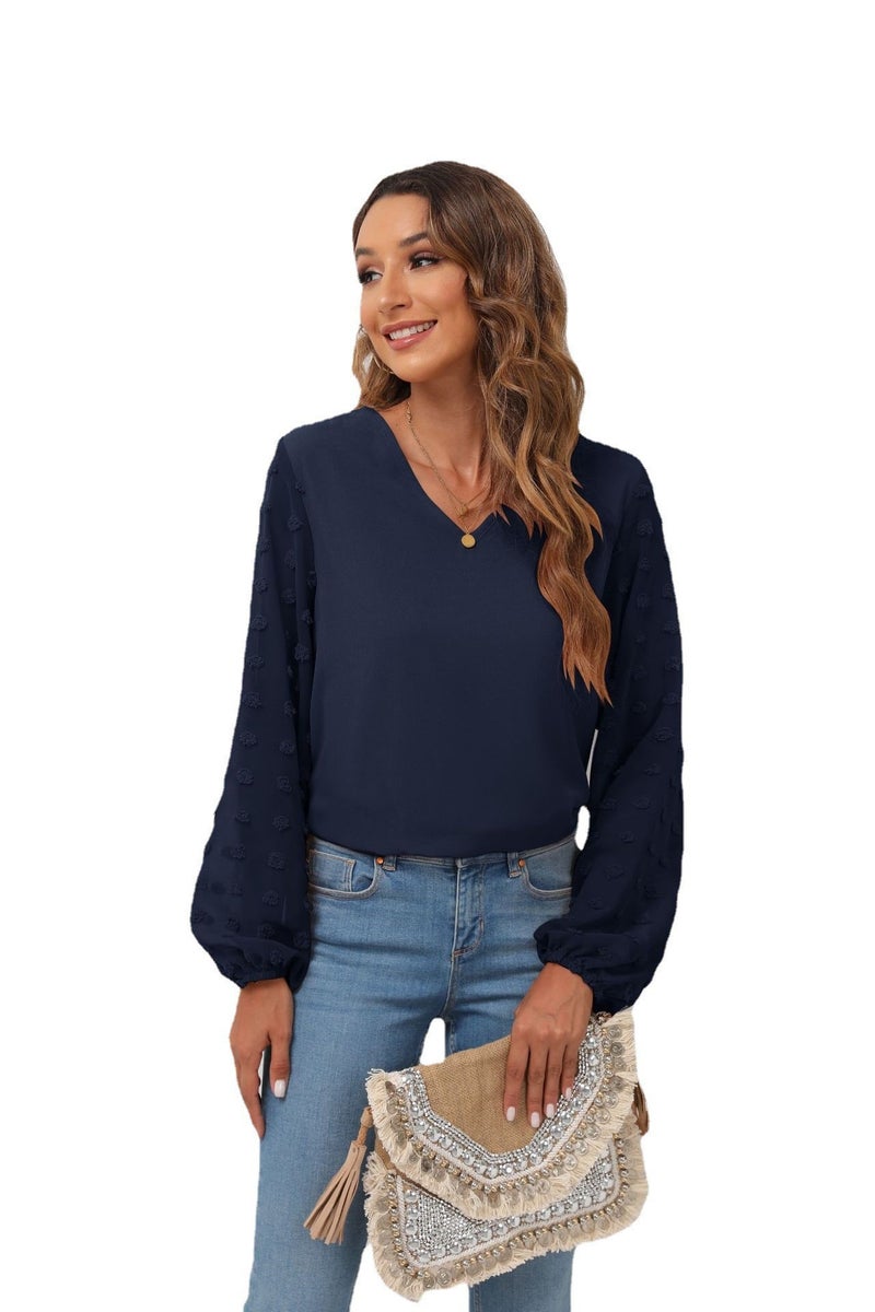 2025 Spring/Summer Women'S Clothing New V-Neck Chiffon Blouse With Patchwork Long Sleeves For Women With Lining - Image 1