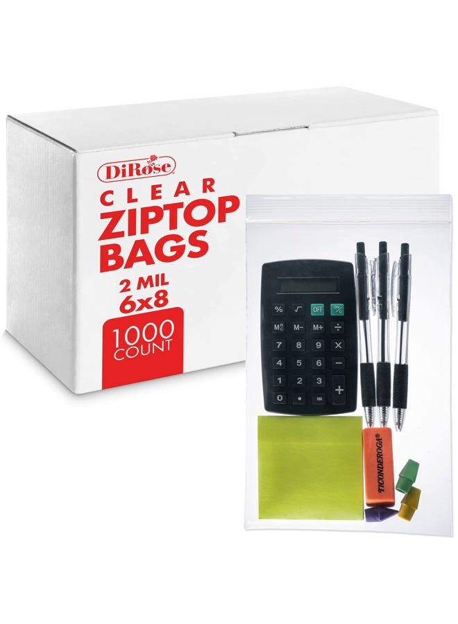 Dirose - 6" x 8" Reclosable Poly Zip Top Bags (1000 Count), 2 Mil - Plastic Ziplock Bags Resealable Plastic Bags with Zipper - Clear Bags for Snacks, Hardware, Arts & Crafts - Image 1