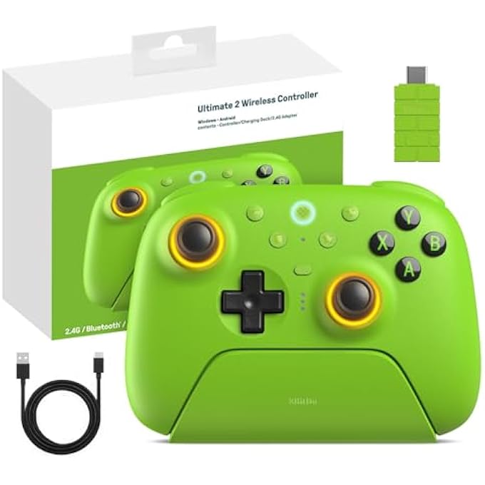 8Bitdo وحدة تحكم 8BITDO ULTIMATE 2 2.4G اللاسلكية لأجهزة أندرويد وPC، عصا التحكم TMR، مفتاح تأثير هال القابل للتبديل / الزناد اللمسي، حلقة النار RGB، وحدة تحكم ألعاب بتقنية 8SPEED اللاسلكية مع قاعدة شحن، خضراء - Image 1