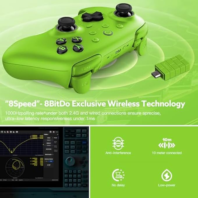 8Bitdo وحدة تحكم 8BITDO ULTIMATE 2 2.4G اللاسلكية لأجهزة أندرويد وPC، عصا التحكم TMR، مفتاح تأثير هال القابل للتبديل / الزناد اللمسي، حلقة النار RGB، وحدة تحكم ألعاب بتقنية 8SPEED اللاسلكية مع قاعدة شحن، خضراء - Image 3