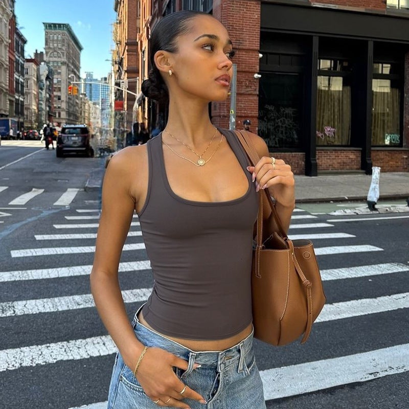 Ins Style Women'S Clothing Spring And Fashion Spice Girls Solid Color Sleeveless Square Collar Inner Base Small Vest Top - Image 2