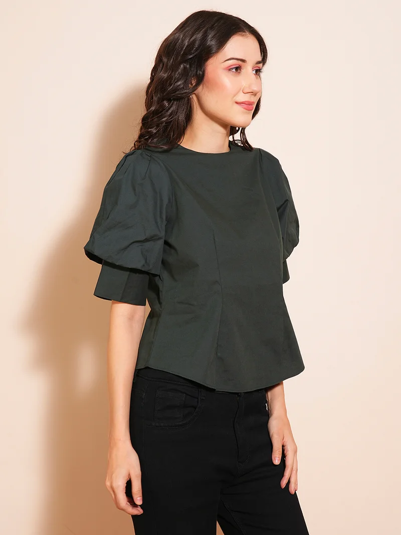 globus Women Green Puff Sleeve Round Neck Back Button Shirt Style Workwear Top